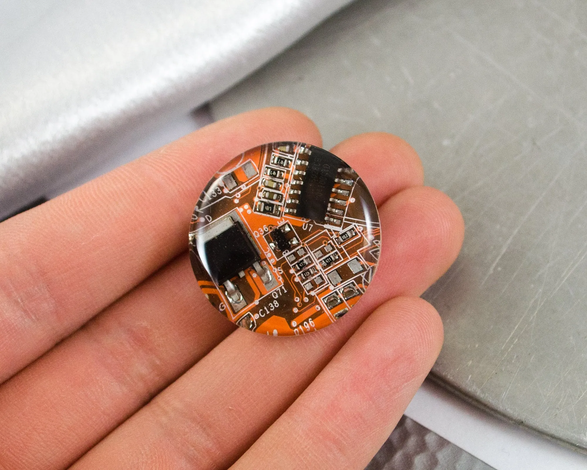 Orange Circuit Board Pin, Recycled Computer Gift