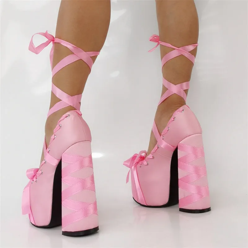 Pink Lace Up Ballet Wrap Platform Heels