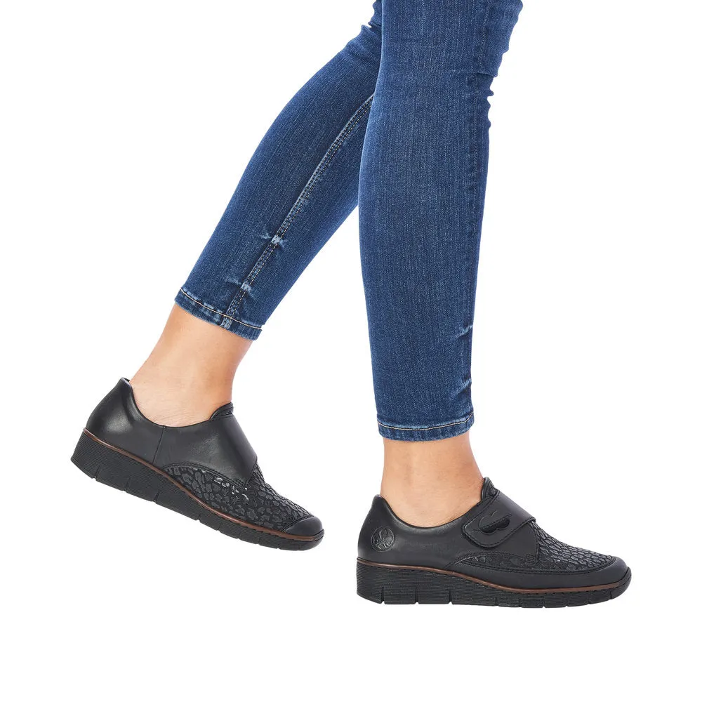 Rieker 537C0-00 Ladies Black Leather & Textile Touch Fastening Shoes