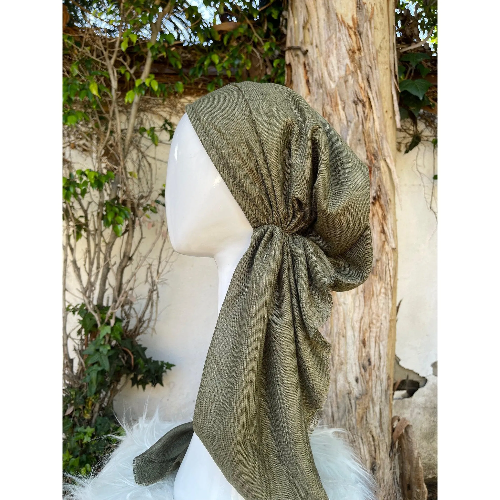 Turkish Cotton Metallic Solid Pretied w/ Long Tails - Olive, XL Circumference